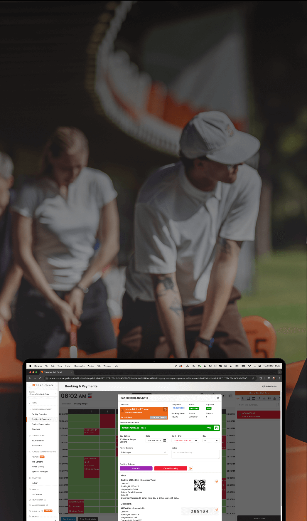 A computer screen displaying Trackman booking and payments software