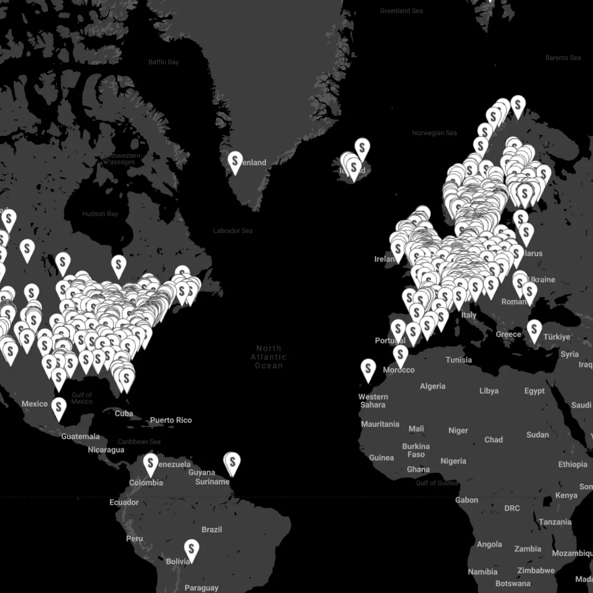 A black and white world map with clusters of location markers in North America, Europe, and parts of Africa and South America.