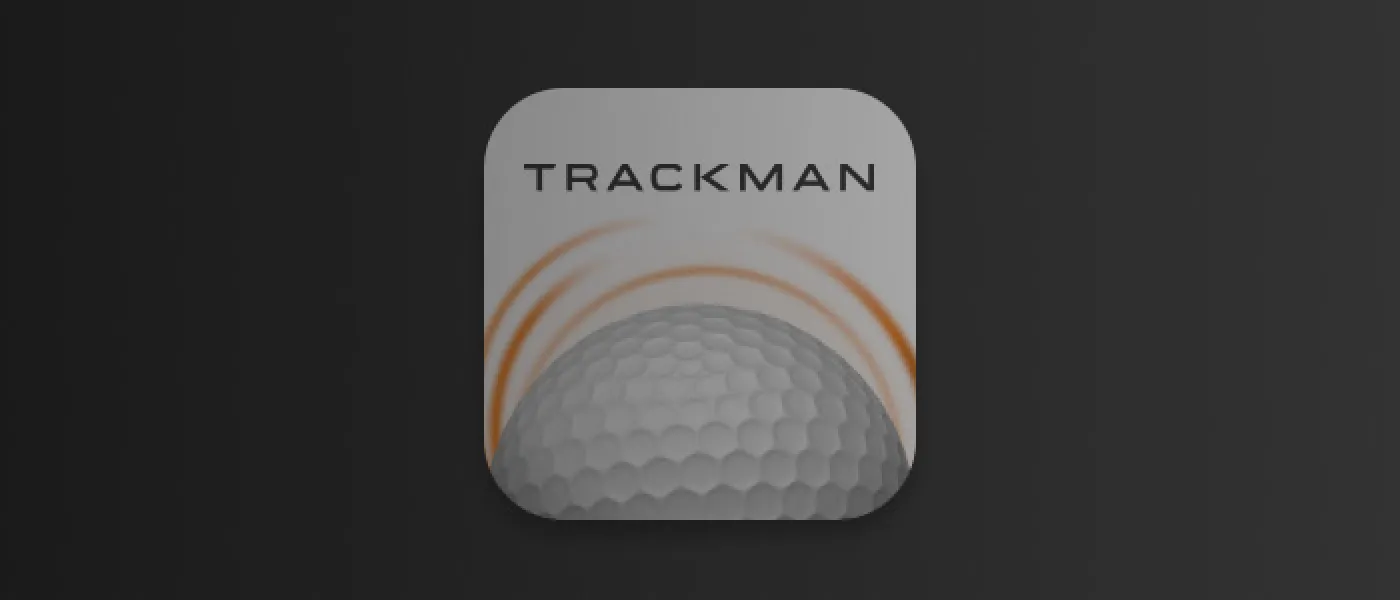 TrackMan app icon featuring a golf ball with orange arcs above it on a gray background.