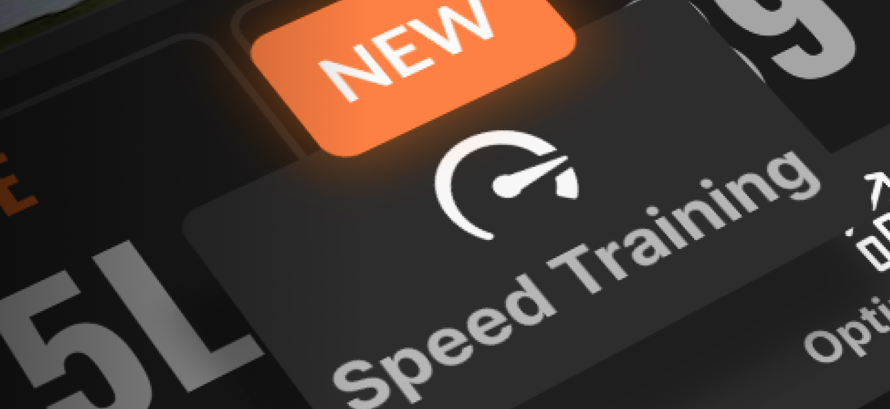 Close-up of a digital interface showing "Speed Training" with a speedometer icon and an orange "NEW" label above it.