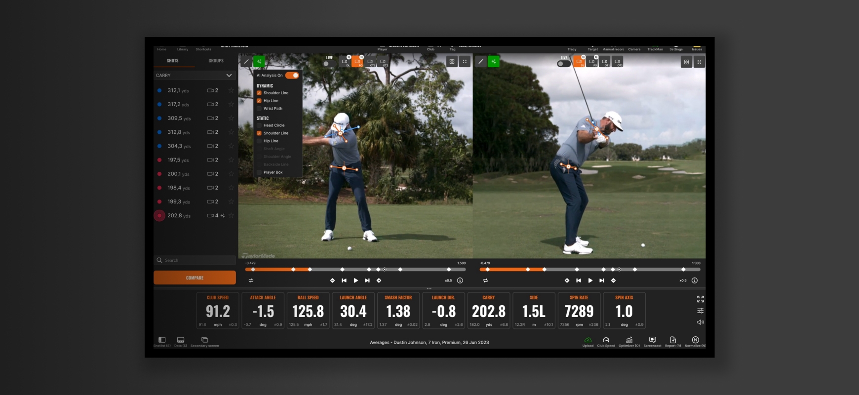 Trackman AI motion analysis dual-screen golf swing analysis showing a golfer's stance and swing metrics, with data and graphs displayed on a dark interface.