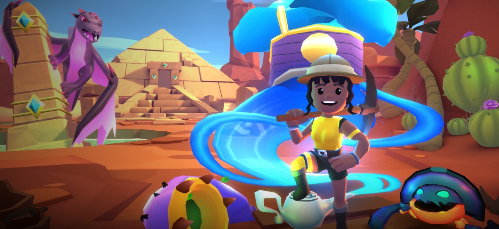 Trackman virtual golf games and cheerful explorer stands in a colorful desert landscape with pyramids, a swirling blue aura, and vibrant creatures around.