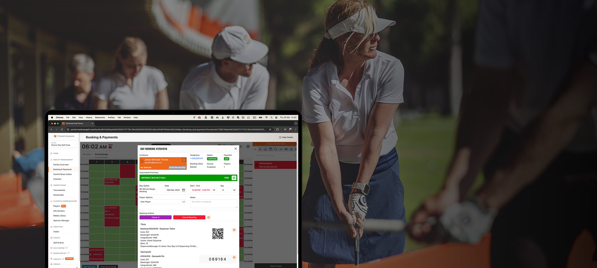 A computer screen displaying Trackman booking and payments software