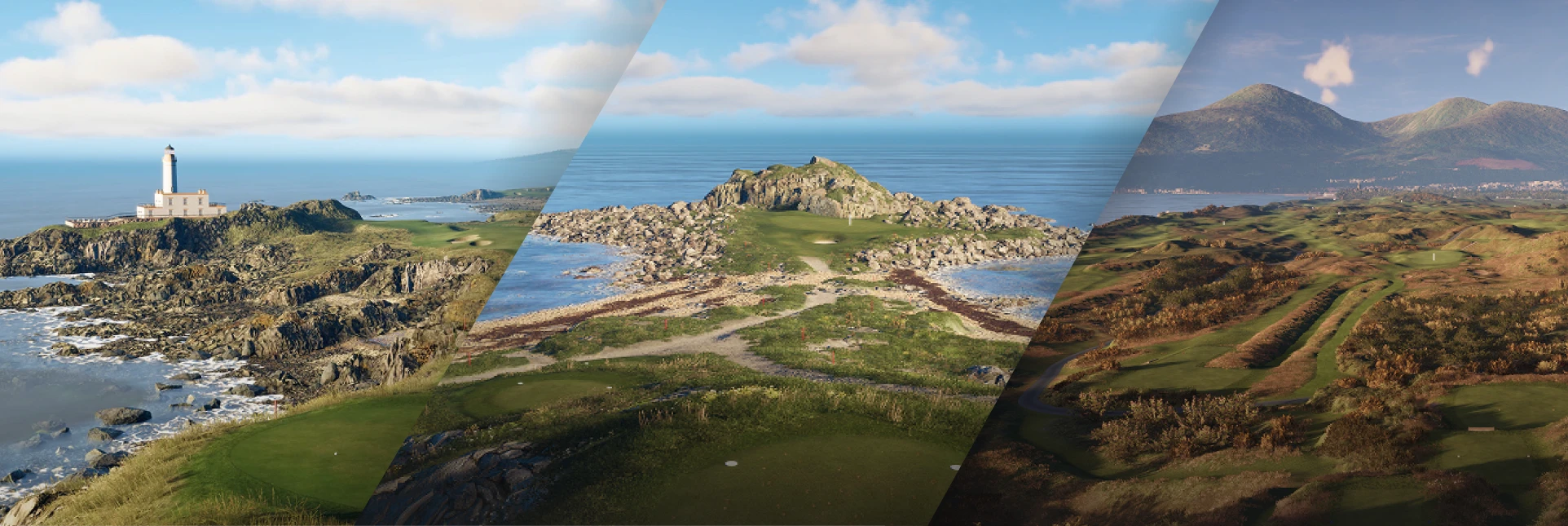 Three scenic coastal landscapes featuring rocky shores, a lighthouse, and grassy hills under a blue sky with scattered clouds.