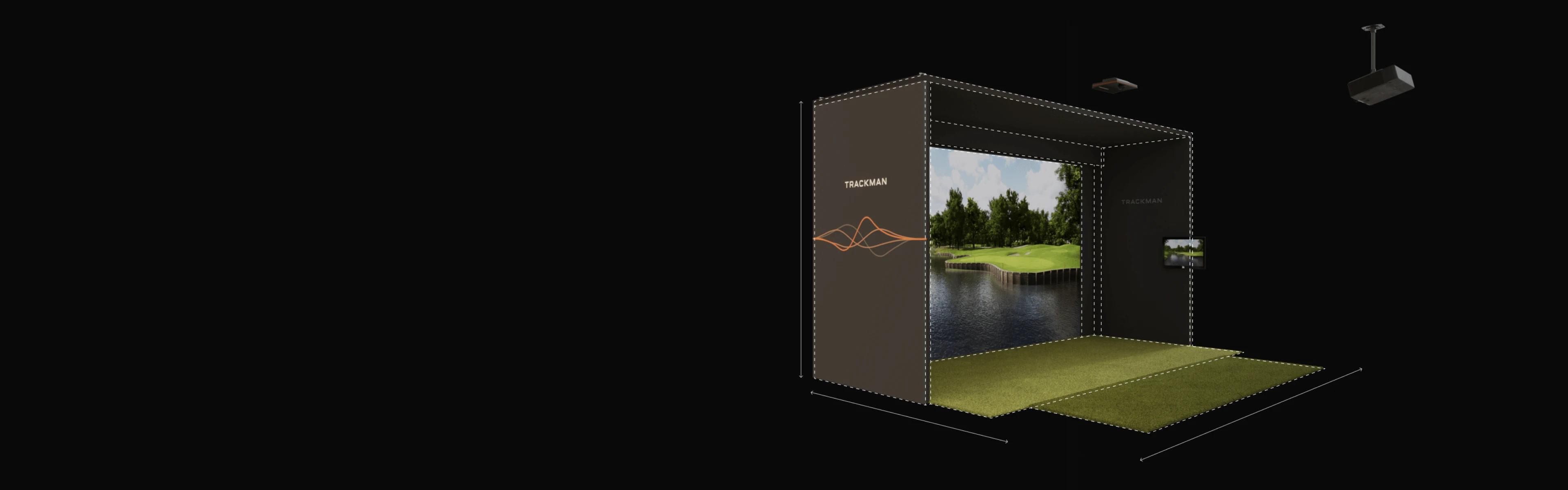 A golf simulator setup with a large screen displaying a golf course, surrounded by a mat and tracking equipment.