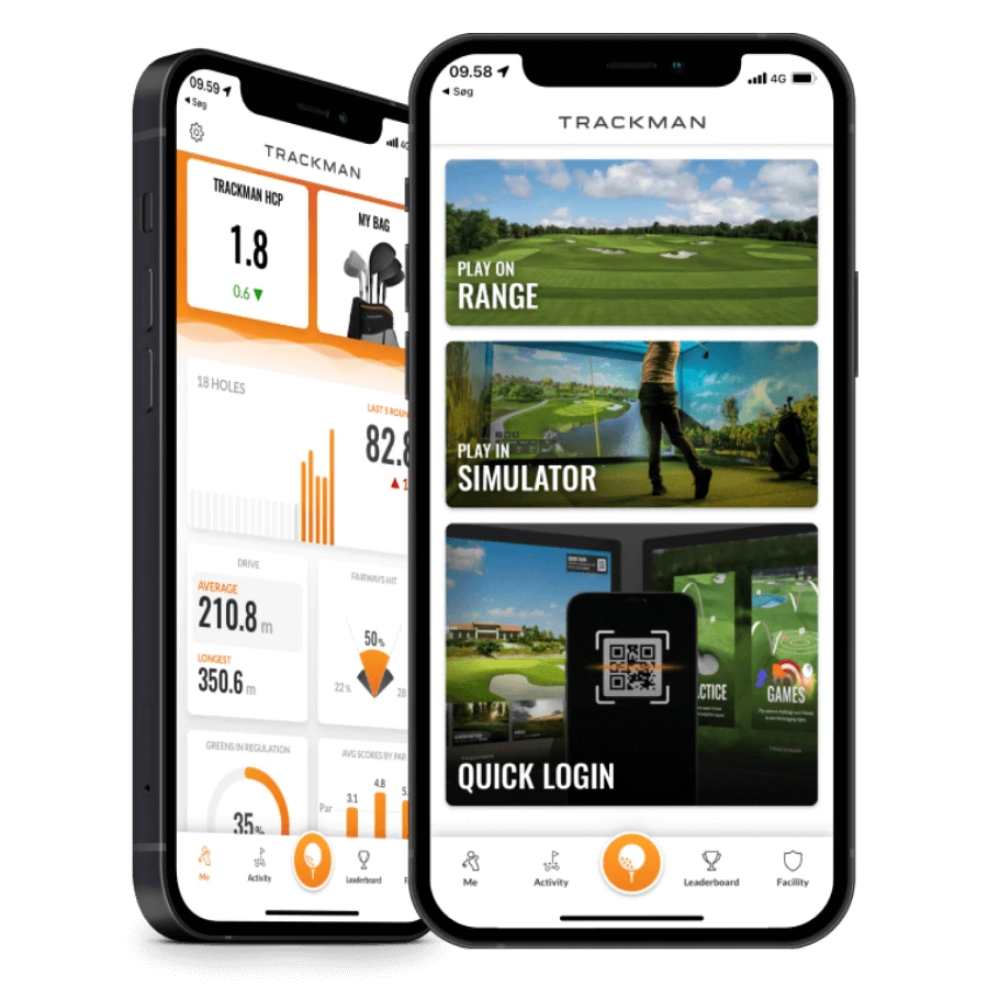 Two smartphones display the TrackMan golf app interface, featuring options for range play, simulator, quick login, and performance stats.