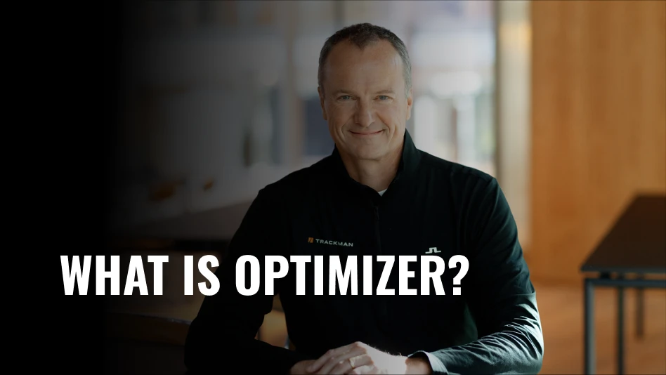 Fredrik Tuxen smiling and white text saying "What is Optimizer" explainer video thumbnail for Trackman Optimizer