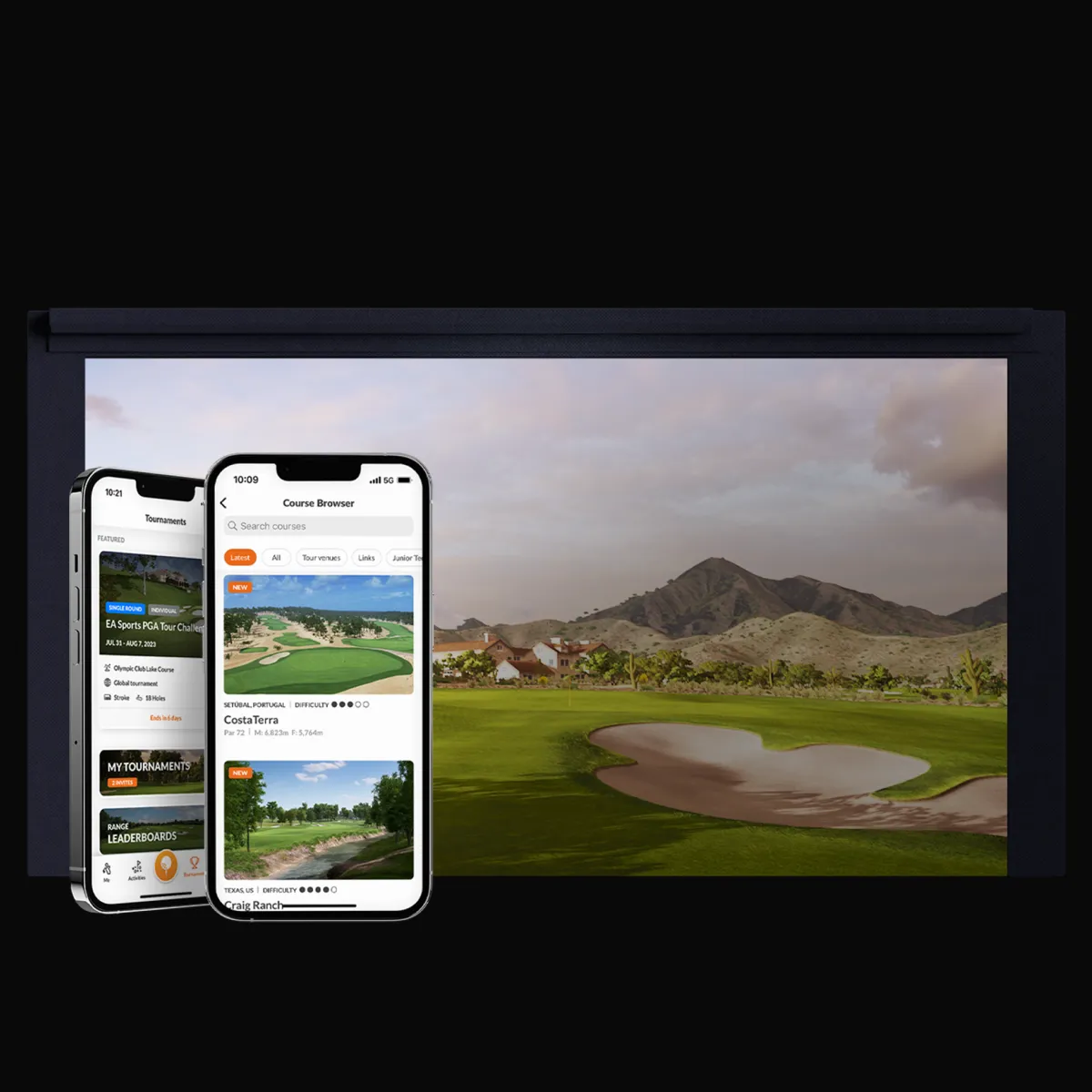 Two smartphones displaying a golf app interface in front of a large screen showing a golf course landscape with mountains in the background.