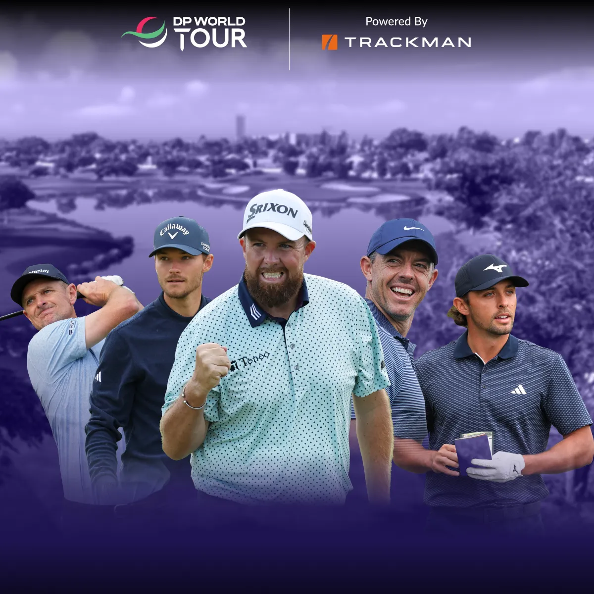 Five golfers in branded attire pose against a backdrop of a golf course, with "DP World Tour" and "Trackman" logos above them.