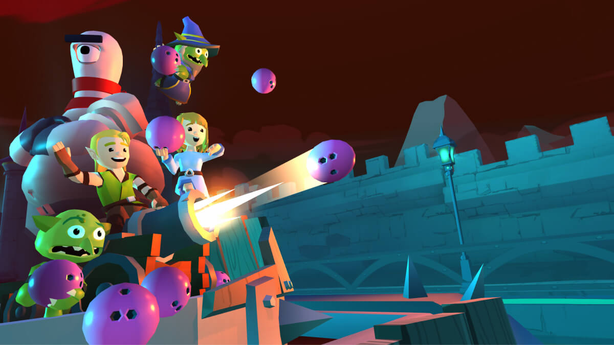 Animated characters joyfully launch bowling balls from a cannon in a Trackman Cannon Bowl virtual golf game