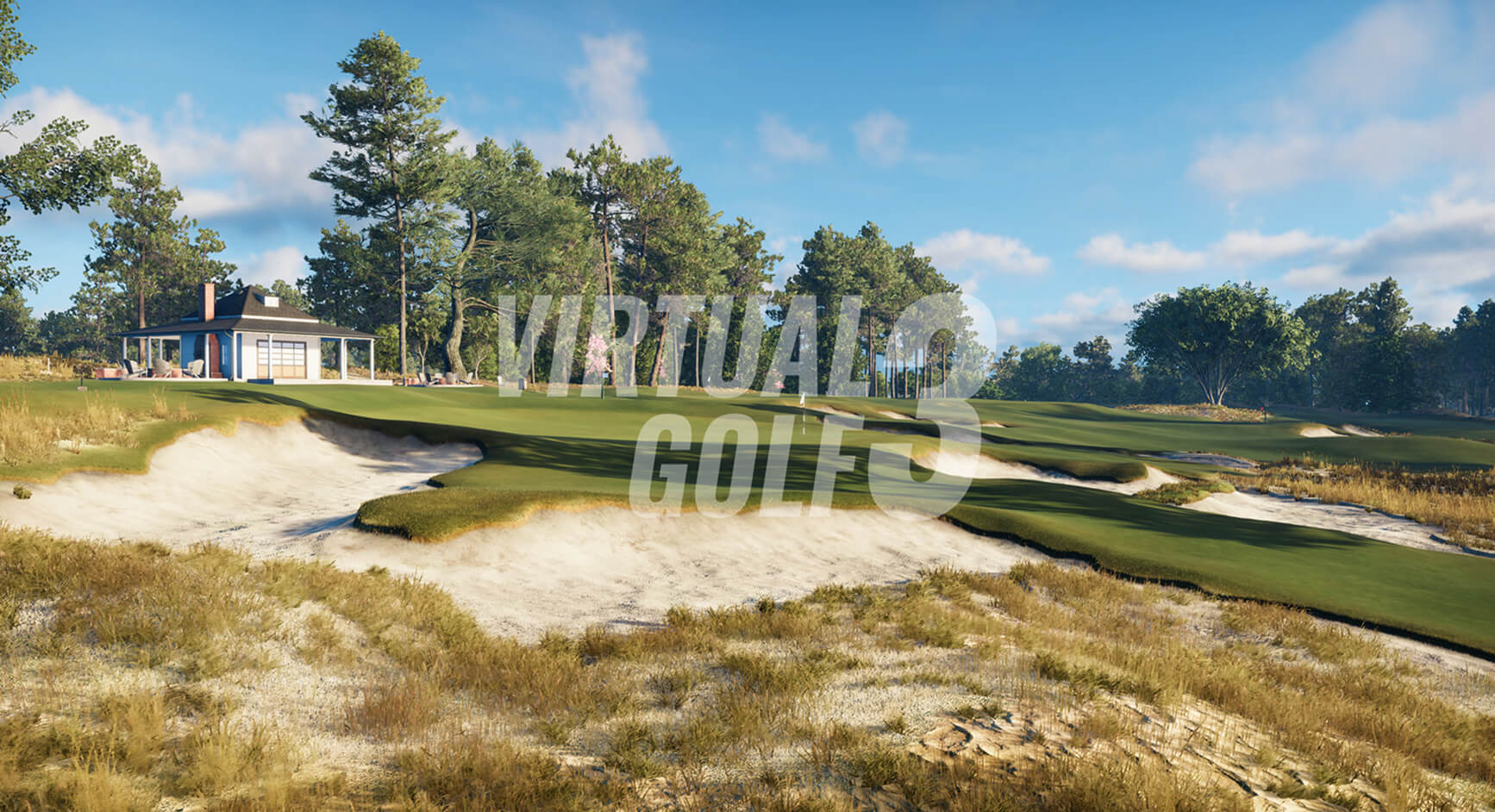 Pinehurst cradle golf course from Trackman Virtual Golf, with sand traps, lush green fairways and clubhouse in the distance.