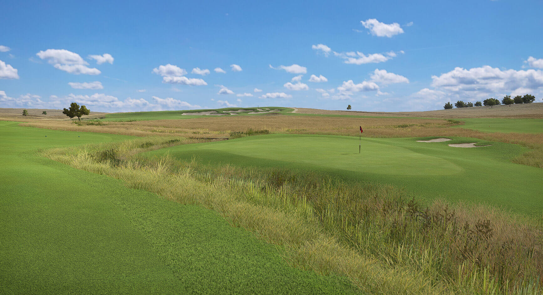 Field ranch east golf course from Trackman Virtual Golf with a green surrounded by grass, sand bunkers, and a clear blue sky.