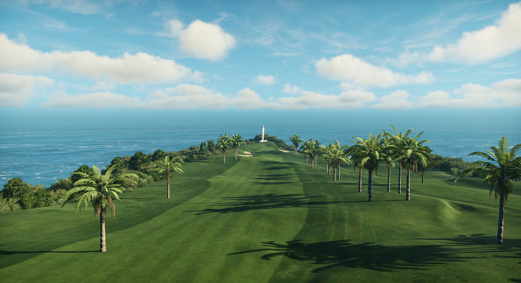 Kawana Hotel Fuji Course golf course from Trackman Virtual Golf 3, with palm trees overlooking the ocean and a lighthouse is visible in the distance.