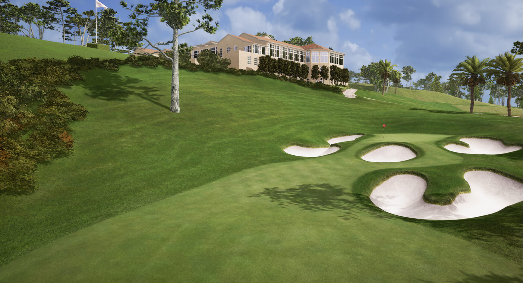 Olympic club lake Golf course from Trackman Virtual Golf, a large clubhouse on a hill, and trees scattered around under a partly cloudy sky.