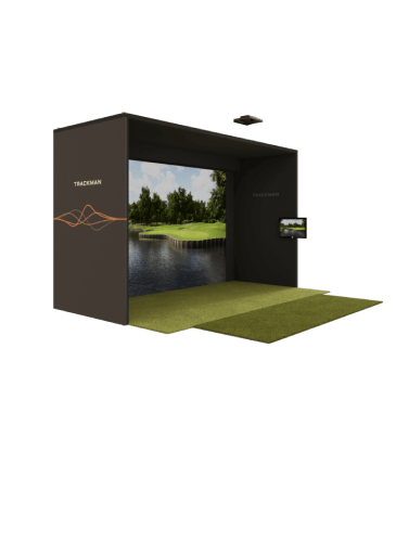 Trackman iO golf simulator with a screen displaying a golf course, with a turf mat and a control panel on the side.