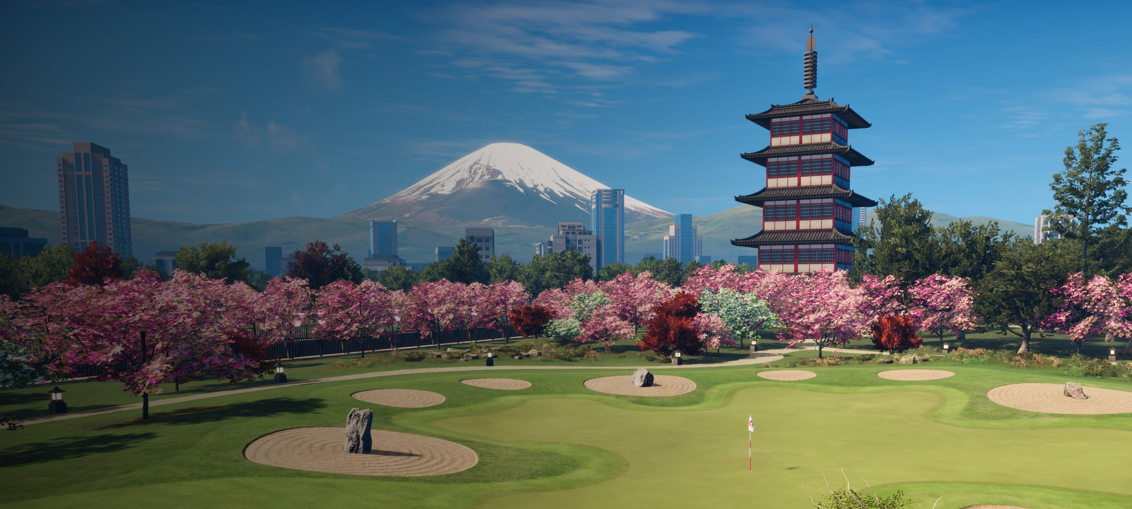 Trackman 桜と寺院がある日本庭園の奥に高層ビルが立ち並ぶ、伝統と現代が融合した風景。