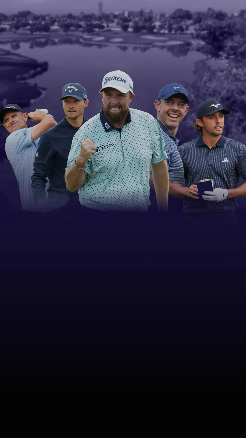 Five golfers in various poses with a golf course background, featuring a prominent player in the center celebrating.
